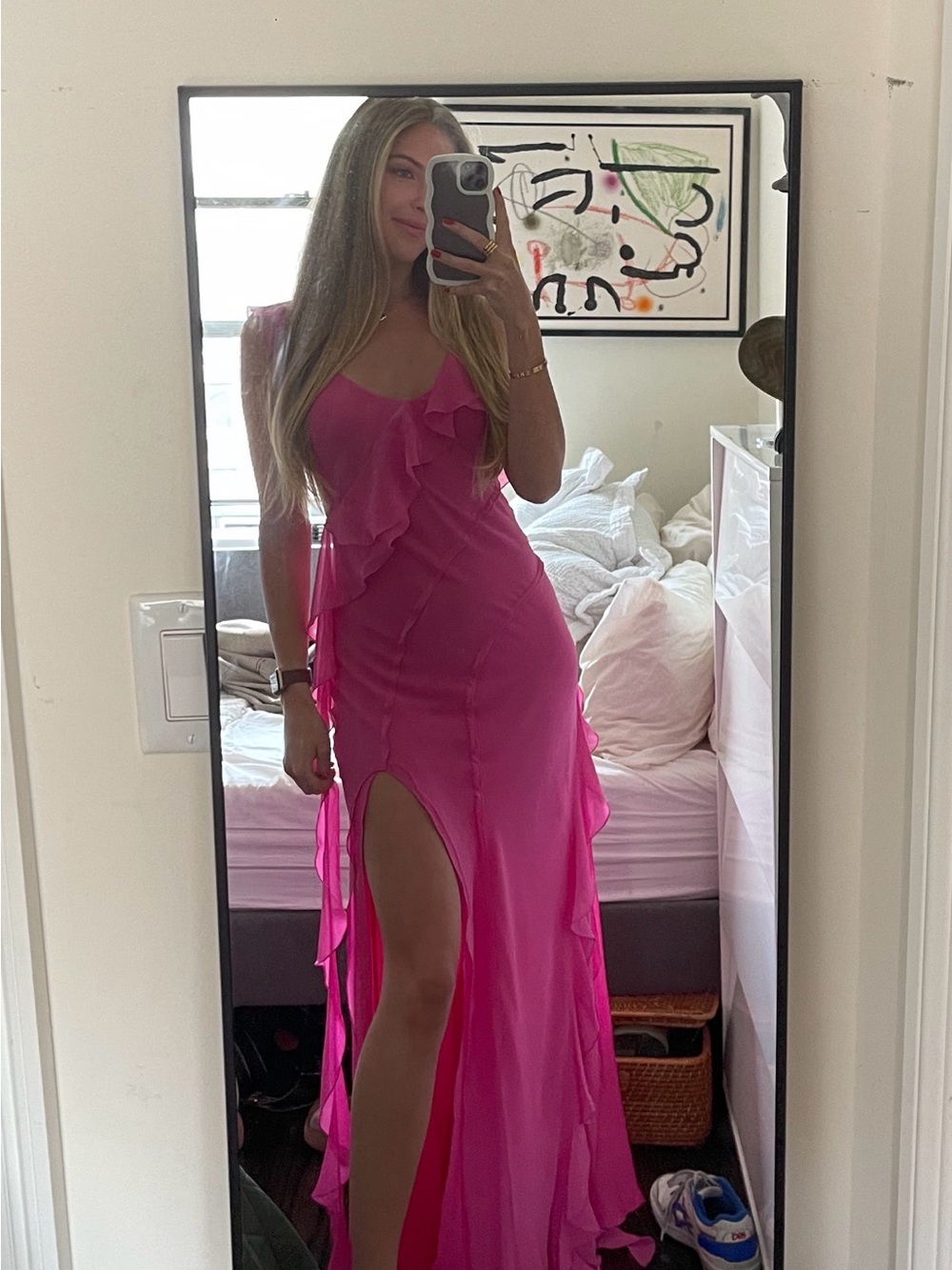 Mango Fuchsia Ruffle Maxi Dress with High Slit